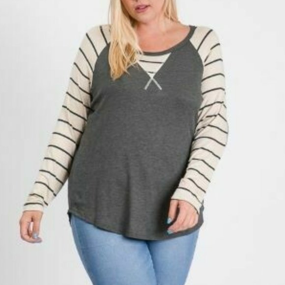 NWT 7th Ray Plus Charcoal/Oatmeal Stripe Top - Picture 2 of 3